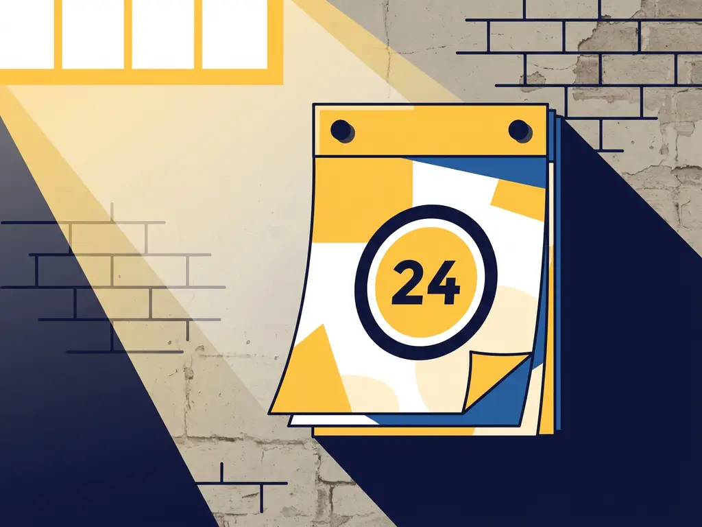 Wandkalender met omcirkelde datum tegen verweerde industriële bakstenen muur, warm geel en donkerblauw kleurenpalet.