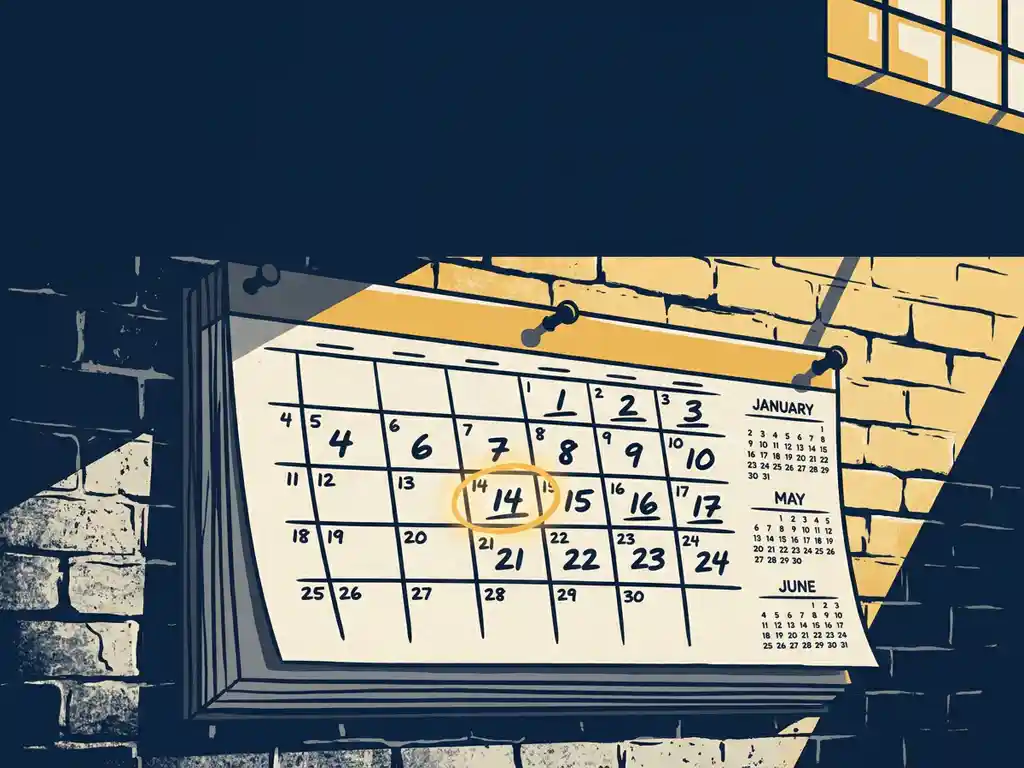 Wandkalender op verweerde bakstenen muur met omcirkelde datum in warm geel, verlicht door gouden fabrieksraamlicht.