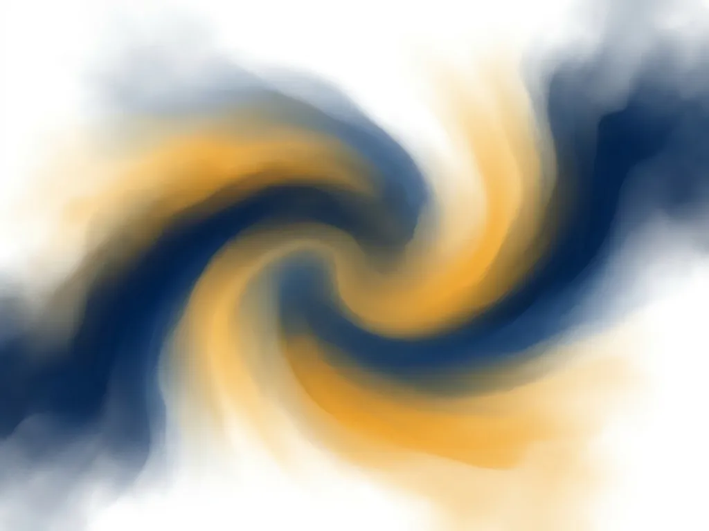 Abstracte vloeiende golven in donkerblauw en warm geel die harmonieus samensmelten op een wit canvas.
