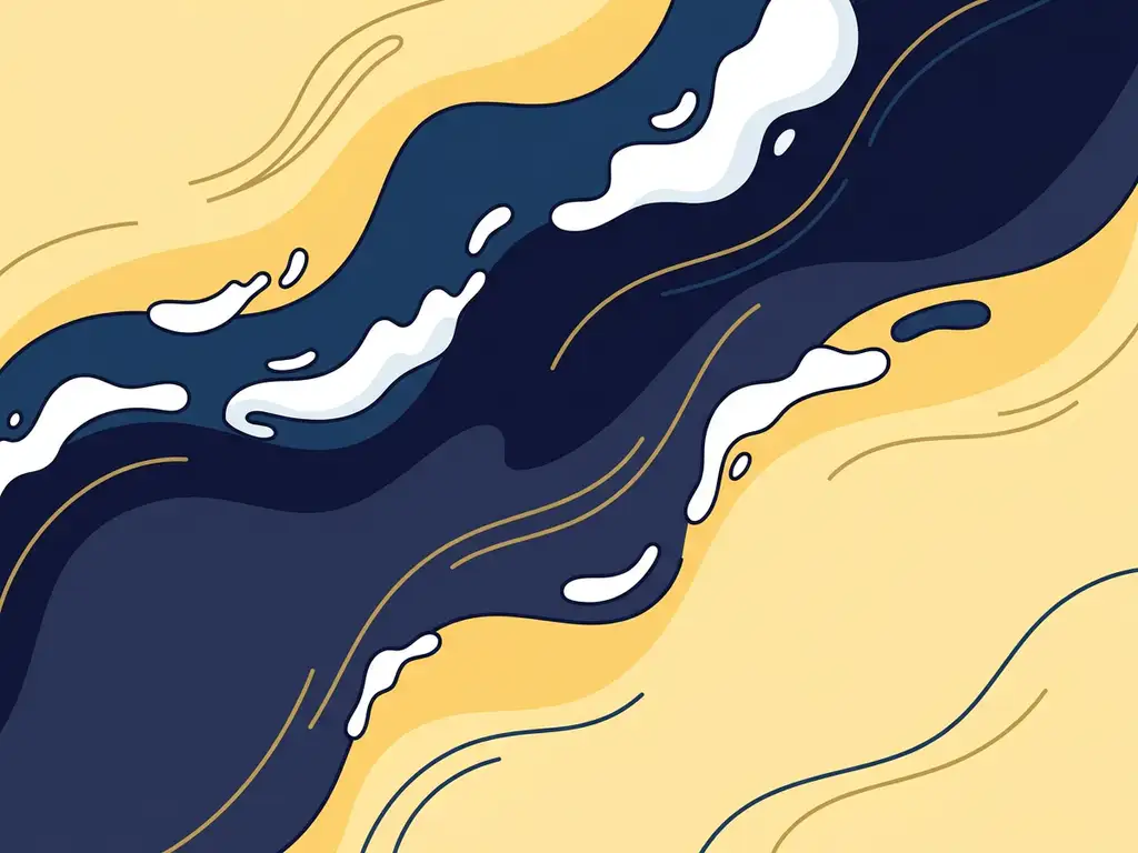 Abstracte illustratie van vloeiende golven in diepblauw en warm goud met witte schuimachtige accenten.