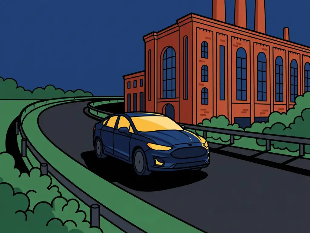 Moderne auto op een snelwegafrit die leidt naar een industrieel bakstenen evenementenlocatie onder donkerblauwe lucht.
