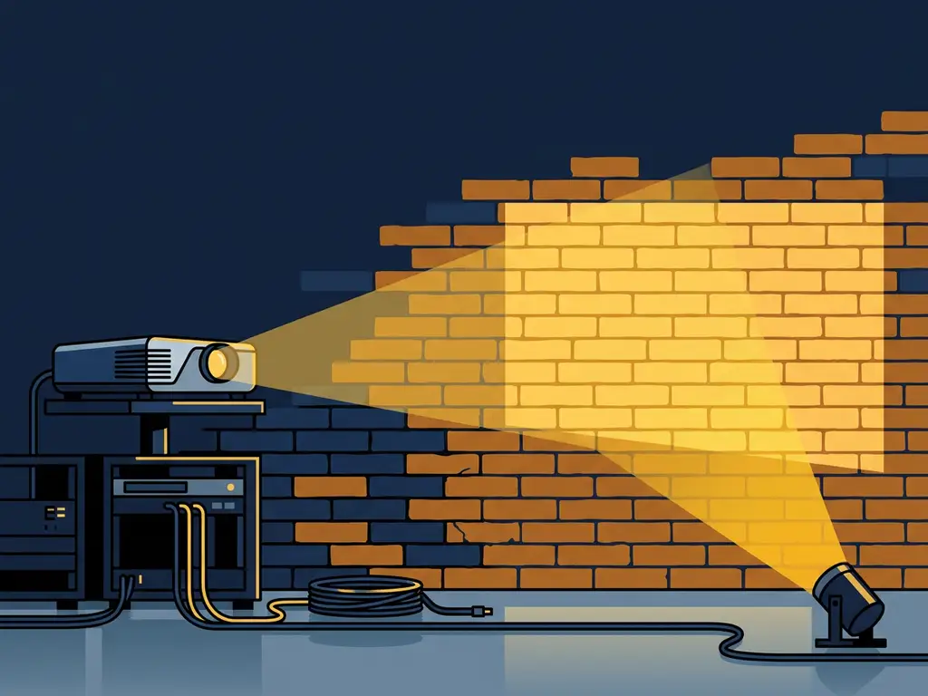 Moderne projector werpt scherp licht op industriële bakstenen muur in eventruimte met professionele AV-apparatuur en kabels.