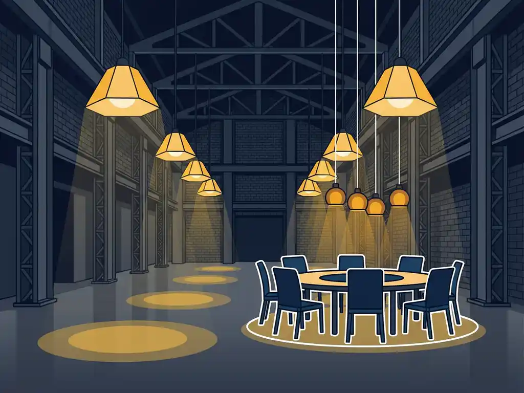 Grote conferentiezaal met hoog plafond en ronde vergadertafel, industrieel interieur van baksteen en staal met warme amber hanglampen.