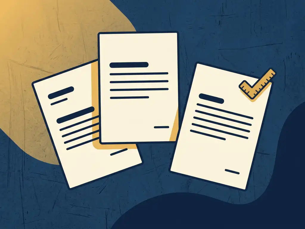Drie offertes van evenementenlocaties op een verweerd stalen oppervlak, één document gemarkeerd met een messing liniaal.