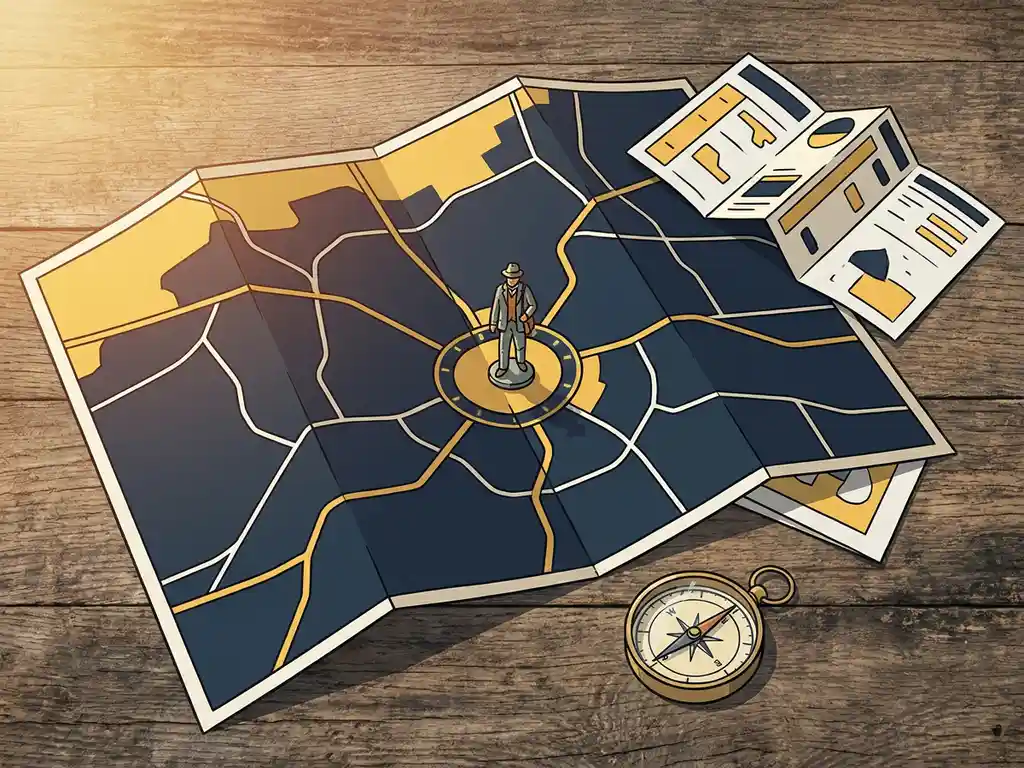 Vintage wegenkaart op verweerd eiken tafel met tin figuurtje, kompas en opgevouwen dienstregelingen in navy en geel.