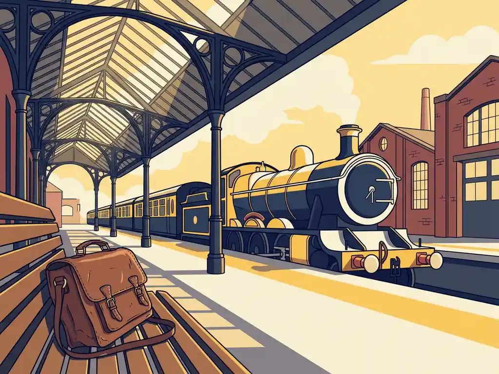 Vintage trein arriveert op rustig Nederlands station met bakstenen architectuur en leren reistas op houten bank, warme gouden belichting.